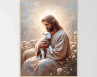 Shepherd's Love, Modern Christian Art, Good Shepherd Art, Picture of Christ, Jesus and the Lamb, Bible Wall Art, Jesus Wall Art, Christ Art