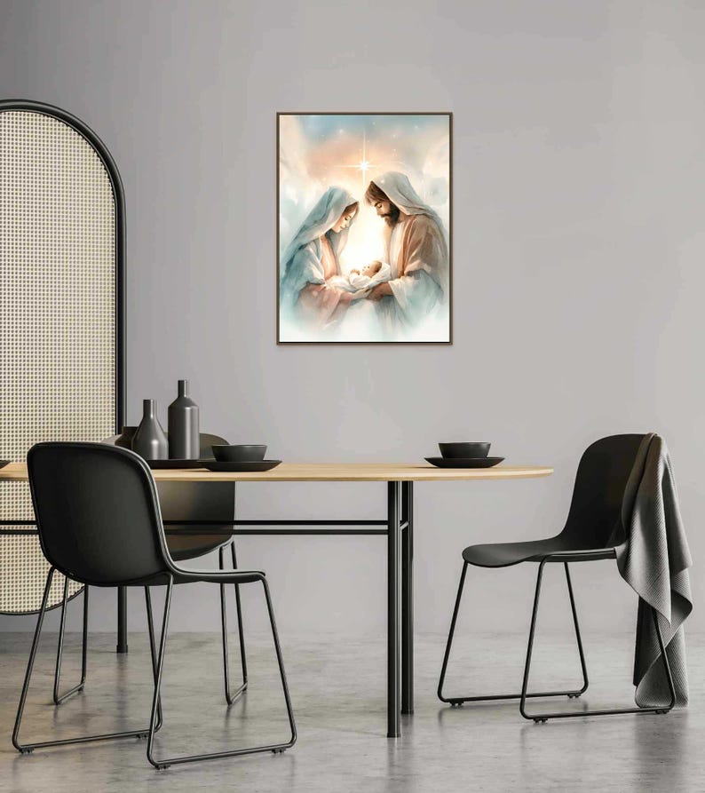 Holy Family Nativity Art, Christian Art, Joseph Mary and Baby Jesus ...