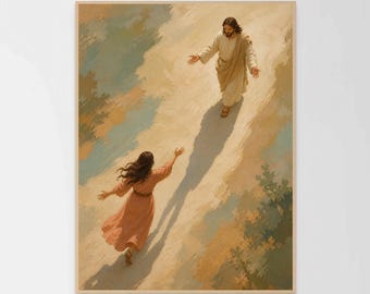 She Ran to Her Savior, Christian Wall Art, Woman Running to Jesus, Bible Painting, Picture of Christ, LDS Wall Art, Faith Wall Decor