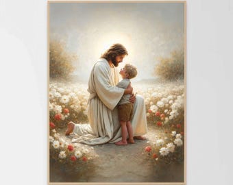 Heavenly Peace, Christian Painting, Jesus with Children, Picture of Christ, Jesus with Boy, Bible Painting, Jesus Art Prints, Jesus Prints