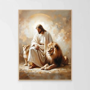 Lions and Faith, Modern Christian Art, Jesus and Lions, Christian Picture, Lion of Judah, Catholic Art, Jesus Art, Christian Poster