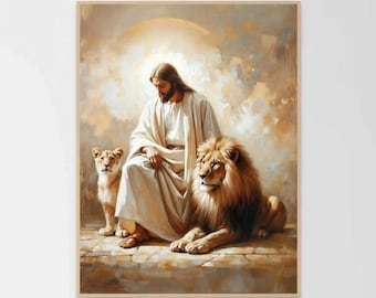 Lions and Faith, Modern Christian Art, Jesus and Lions, Christian Picture, Lion of Judah, Catholic Art, Jesus Art, Christian Poster