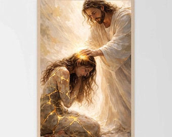 He Will Heal Your Wounds, Christian Wall Art, Jesus with Girl, Christian Painting, LDS Art, Bible Wall Art, Jesus with Woman, Jesus Painting