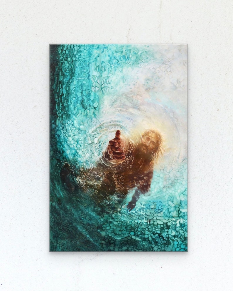 K&ouml;nnte beinhalten: Ein k&uuml;nstlerisches Gem&auml;lde zeigt eine Figur, die aus wirbelndem t&uuml;rkisfarbenem Wasser herausgreift. Die Figur hat lange braune Haare und einen Bart, mit hellem Licht, das von hinten ausgeht. Das Kunstwerk ist auf einer rechteckigen Leinwand montiert.