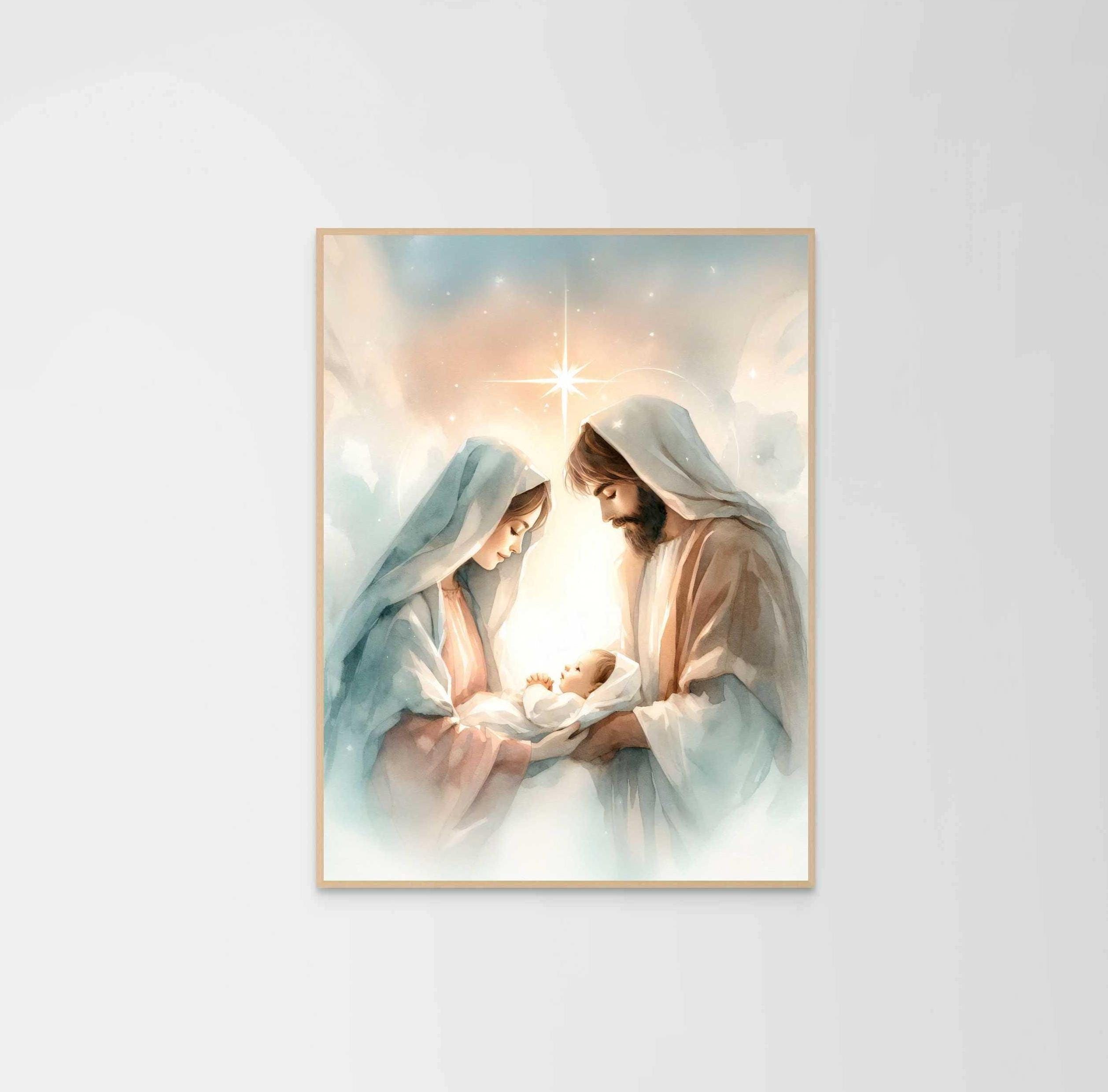 Holy Family Nativity Art, Christian Art, Joseph Mary and Baby Jesus ...