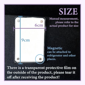 May include: A rectangular product with a transparent protective film, measuring 9cm by 6cm, with magnetic attachments. The text indicates it can be attached to a refrigerator. The image also includes the word "SIZE".