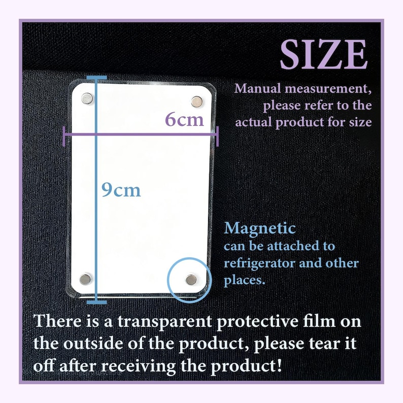 May include: A rectangular product with a transparent protective film, measuring 9cm by 6cm, with magnetic attachments. The text indicates it can be attached to a refrigerator. The image also includes the word "SIZE".