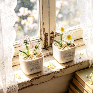 Peut inclure: Deux petits pots carrés en céramique blanche avec des sculptures de fleurs en verre. L'un a des fleurs roses, l'autre des fleurs blanches. Les pots sont sur un rebord de fenêtre vieilli avec des rideaux en dentelle. Un pot dit "Lucky me to have a man like you."