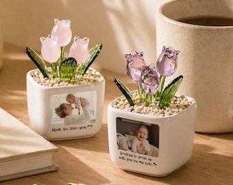 Vaso a forma di tulipano in vetro personalizzato con foto, mini tulipano soffiato a mano per decorazione da scrivania, ricordo di famiglia con foto, regalo per lei