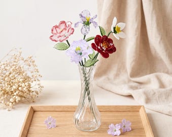 Gepersonaliseerde mini glazen bloemboeket, bloemen en vaas geboortemaand, verjaardagscadeau, bureaudecoratie