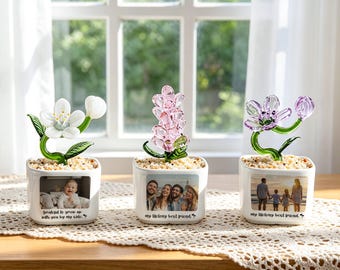 Gepersonaliseerde foto glazen bloemen plantenbak, mini handgeblazen zonnebloem bureaudecor, familiefoto aandenken, cadeau voor zussen