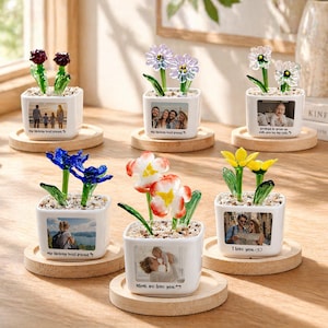 Personalized Photo Birth Month Flower Glass Planter, Mini Desk Decor, Custom Family Photo Keepsake