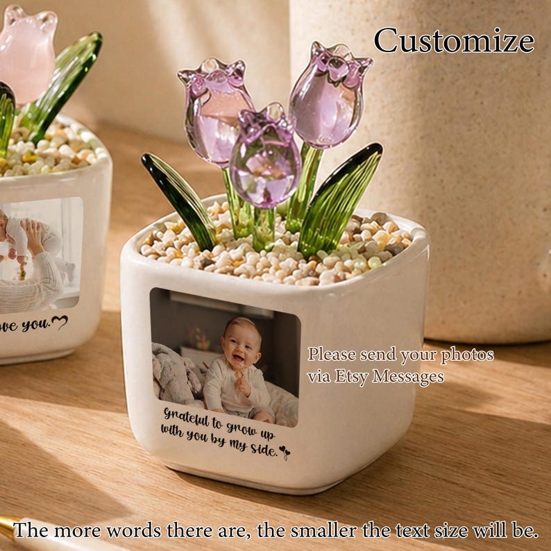 May include: A white ceramic pot with a photo of a baby, glass tulips, and small stones. The text on the pot reads "Grateful to grow up with you by my side." and "Please send your photos via Etsy Messages."