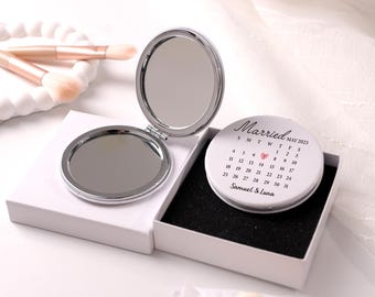 Espejo compacto personalizado con fecha de boda, espejo de cuero personalizado para despedida de soltera, regalo de aniversario