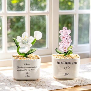 Puede incluir: Dos arreglos florales decorativos en macetas cuadradas blancas. Uno presenta una flor blanca y un capullo, el otro una flor de cristal rosa. El texto en las macetas dice "Mom" y "Lisa. I love you".