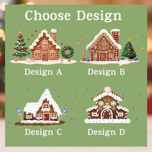 K&ouml;nnte beinhalten: Auf gr&uuml;nem Hintergrund werden vier Lebkuchenhaus-Designs mit den Bezeichnungen A, B, C und D gezeigt. Jedes Haus ist mit Zuckerguss, S&uuml;&szlig;igkeiten und festlichen Details verziert. Der Text "Choose Design" steht oben.