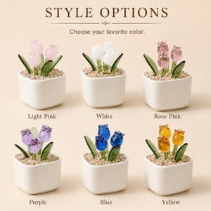 Op de afbeelding: Zes kleine, vierkante witte potten met glazen tulpenarrangementen in verschillende kleuren: lichtroze, wit, rozerood, paars, blauw en geel. De tekst luidt "STYLE OPTIONS" en "Kies je favoriete kleur".