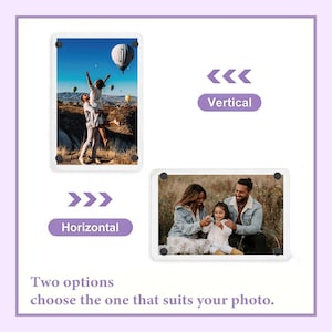 May include: Two photo display options are shown: vertical and horizontal. Each option features a different family photo. The text reads: "Two options choose the one that suits your photo."
