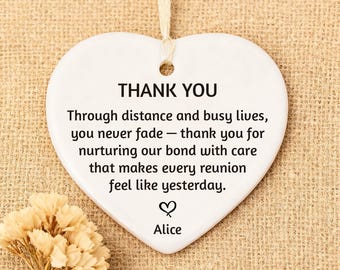 May include: A white heart-shaped ornament with the words "THANK YOU" in black. The text continues with a message of gratitude, followed by a heart symbol and the name "Alice". A beige string is attached for hanging.