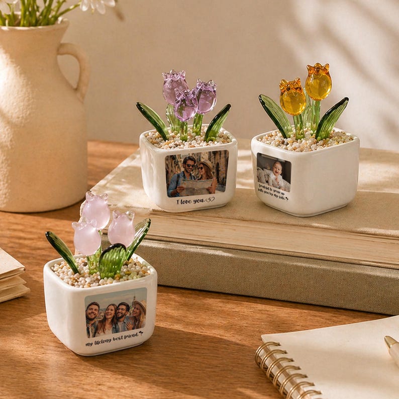 May include: Three small, white ceramic pots, each containing glass tulip flowers in purple, yellow, and pink. Each pot features a printed photograph and text: "I love you.", "...to grow up with you by my side.", and "my lifelong best friend."