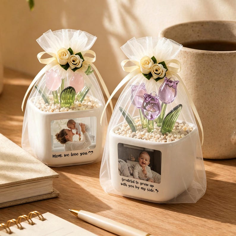 Personalized Photo Glass Tulip Planter, Mini Hand Blown Tulip Desk Decor, Family Photo Keepsake, Gift for Her image 11