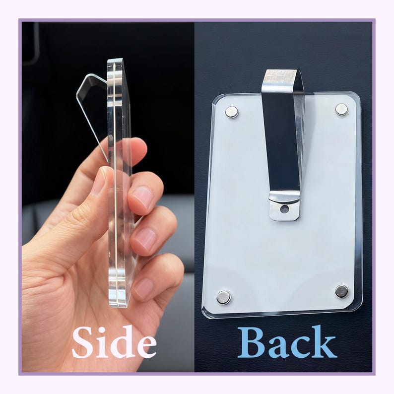 May include: Clear acrylic card holder with a silver metal clip. The holder is shown from the side and back, with the words "Side" and "Back" in white text. The holder is designed to display cards.