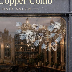 以下が含まれることがあります： 美容室「The Copper Comb」の店舗外観は、ダークグレーのフレーム、松ぼっくりと枝が描かれた大きなガラス窓、そしてドアで構成されています。入り口の両脇には、グレーのプランターに入った小さな常緑樹が2本置かれています。
