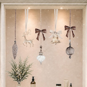 May include: A storefront window display for The Bloom Room Beauty Salon featuring Christmas-themed wall decals of hanging ornaments, a reindeer, a bell, and bows. The shop entrance has a green wreath and a sign with business hours in white text.