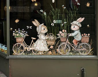 Calcomanía para ventana con borde de conejos de Pascua en bicicleta de Dizzy Duck - Adhesivos reutilizables para negocios de primavera