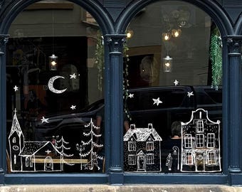 Pegatinas para escaparates de tiendas con diseño de pueblo navideño dibujado a mano - Adhesivos reutilizables de doble cara de Dizzy Duck