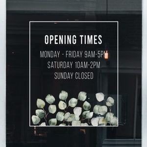 Horarios de apertura de ventana de tienda personalizados - Etiqueta de ventana de horario comercial de eucalipto verde - Calcomanías adhesivas de ventana de tienda por Dizzy Duck