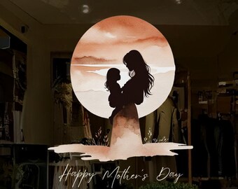 Dizzy Duck Mothers Day Retail Business Shop Window Decal - Boho Moon with Mum & Baby