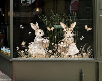 Vinilo decorativo para ventana con borde de conejitos de pato mareado y huevos de Pascua - Adhesivos reutilizables para negocios de primavera
