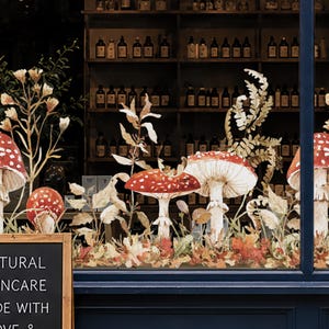 May include: A window display featuring red and white spotted mushroom illustrations surrounded by dried foliage and ferns. A black chalkboard sign in the foreground displays partial white text reading NATURAL SKINCARE MADE WITH LOVE &.