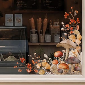 Fall Orange Watercolour Leaf Mushroom Window Cling Corner | Effortless Autumn Window Dressing