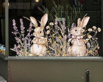 Calcomanía para ventana con borde de prado y conejito de Pascua Dizzy Duck - Adhesivos reutilizables para negocios de primavera