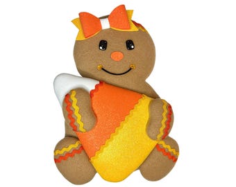 Gingerbread Wreath Attachment, Halloween Wreath Attachment, Candy Corn Gingerbread Girl, Wreath Embellishment, Gingie