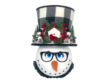 Snowman Wreath Attachment, Winter Wreath Attachment, Snowman with Cardinal Attachment, Wreath Embellishment, Buffalo Plaid Snowman