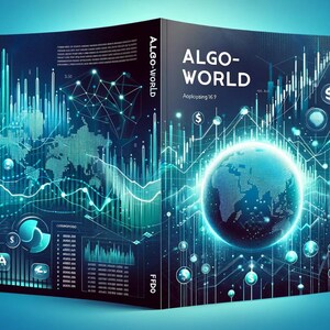 May include: A book cover titled "ALGO-WORLD" with a blue and teal design. The cover features a glowing globe, data visualizations, and network lines. The text "Algo-World" and "Applying 16.1" are visible.