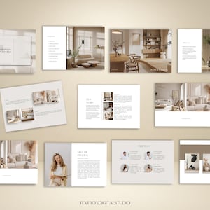 May include: A portfolio layout with interior design images. The pages are arranged to showcase a design studio's work. The color palette is neutral, with beige and white tones. The text "HOME IN STYLE PORTFOLIO" is visible on one page, and "TEXTBOXDIGITALSTUDIO" is at the bottom.