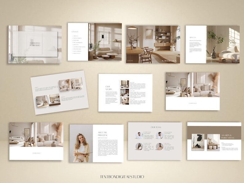 May include: A portfolio layout with interior design images. The pages are arranged to showcase a design studio's work. The color palette is neutral, with beige and white tones. The text "HOME IN STYLE PORTFOLIO" is visible on one page, and "TEXTBOXDIGITALSTUDIO" is at the bottom.