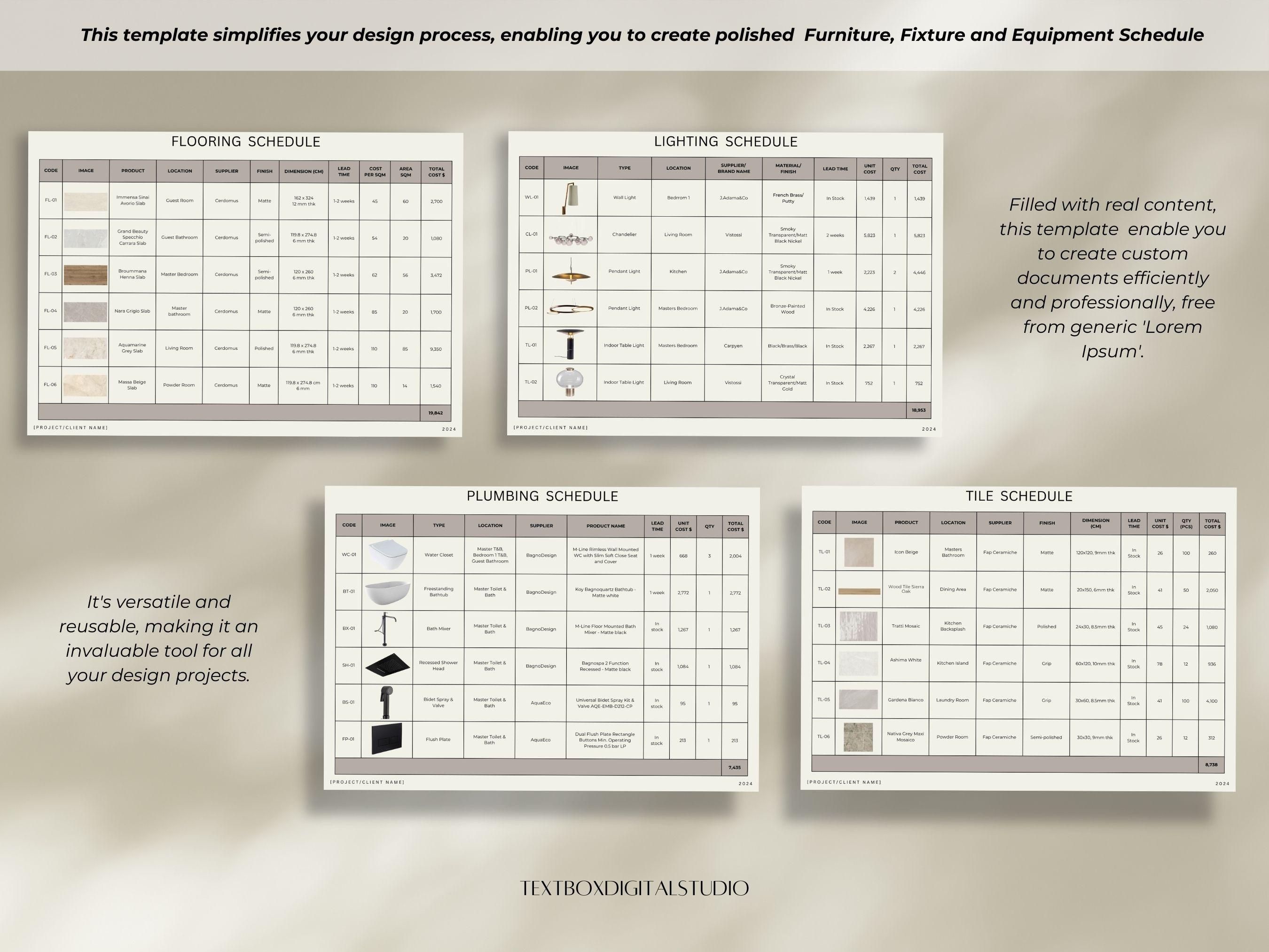 Interior Design FF&E Schedule Template, Furniture Fixtures Finishes ...