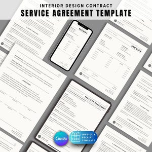May include: A collection of white paper documents and digital devices, including a smartphone and tablet, arranged on a gray surface. The documents feature text and the words "SERVICE AGREEMENT TEMPLATE", "RECEIPT", and "INVOICE". A Canva logo is visible.
