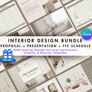 Sjabloon bundel interieurontwerp, voorstel interieurontwerp, projectpresentatie FF&E-schemasjabloon, canvassjabloon voor interieurontwerper