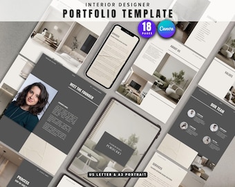 Modèle Canvas pour portfolio de décoration d'intérieur : mise en page minimaliste du portrait (téléchargement numérique)