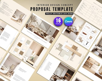Interior Design Project Proposal, Mood Board, Materials & Furniture Concept Presentation, Canva Template for Designers and Architects