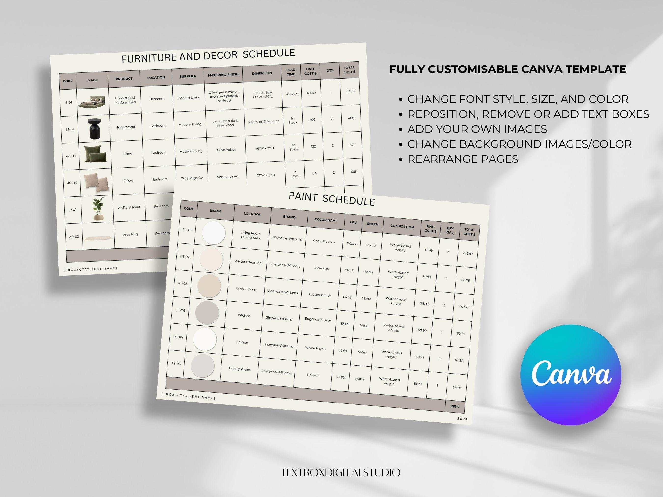 Interior Design FF&E Schedule Template, Furniture Fixtures Finishes ...