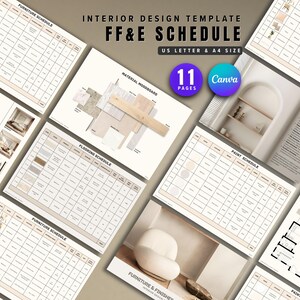Può includere: Un modello di design d'interni FF&E schedule con 11 pagine nei formati US Letter e A4. Il documento include tabelle per arredi, pavimentazioni e schemi di verniciatura, un moodboard di materiali e planimetrie con schemi di colori beige e bianco.