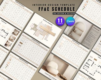 May include: An interior design template FF&E schedule featuring 11 pages in US Letter and A4 sizes. The document includes tables for furniture, flooring, and paint schedules, a material moodboard, and floor plans with beige and white color schemes.