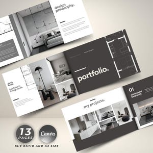 Op de afbeelding: Een minimalistisch interieurontwerp portfolio. De omslag toont het woord "portfolio" in wit op een donkergrijze achtergrond. Pagina's tonen kamerindelingen en foto's. De lay-out bevat de tekst "13 pagina's", "Canva", en "16:9 verhouding en A3 formaat".